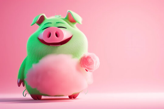 Rendered in the animation style, this image features a pink and green pig-shaped cotton candy with a joyful expression against a pink background. green pig cotton candy material, with happyexpression