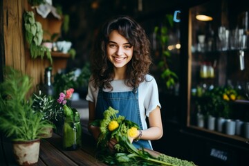 Joyful female florist creating stunning floral arrangements in a colorful and lively flower shop