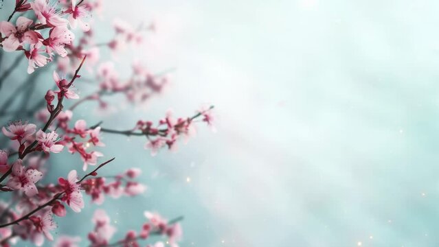 beautiful spring blossoming sakura cherry tree animated backdrop, sun light rays, floating glowing particles, blank copy space, banner card composition, 4k seamless loop