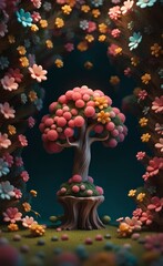 3d tree with flowers . Abstract floral background, Generative AI
