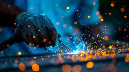 Professional welder making steel parts in a workshop. A man in protective clothing welds metal structures at a factory.