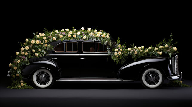 Hearse with floral wreath.