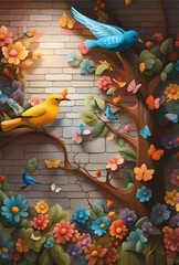 Fototapeta premium 3D abstraction wallpaper featuring a brick wall with a tree and hanging branches, adorned with colorful flowers, birds, and butterflies. 3D painting illustration background, Generative AI