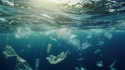 Plastic pollution of the ocean. Plastic garbage floating in water. - 748075535