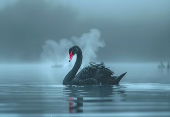 Elegant silhouette of a swan on a calm lake at dawn