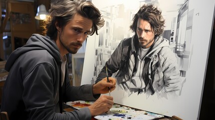 An artist drawing a self-portrait on a whiteboard, capturing their likeness with accuracy and...