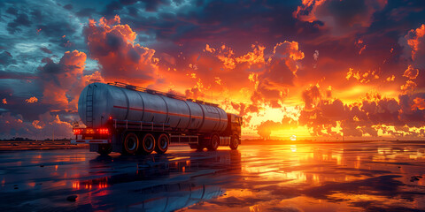A fuel tanker transporting petroleum products against the backdrop of sunset and a modern city. Concept of delivery and logistics and fuel crisis.