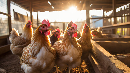 Hens in a chicken coop at the farm. - obrazy, fototapety, plakaty