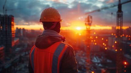 Obraz premium A young architect or builder stands on the roof of a building during construction against the background of a cargo crane, at sunset. Inspects the territory and work plan.