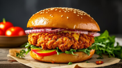 Homemade hamburger with fried chicken and vegetables on rustic wooden table