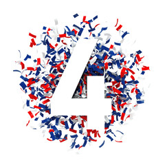 chiffre 4 devant des confettis bleus, blancs et rouges pour le 4 juillet, jour de l'indépendance des États-Unis d'Amérique