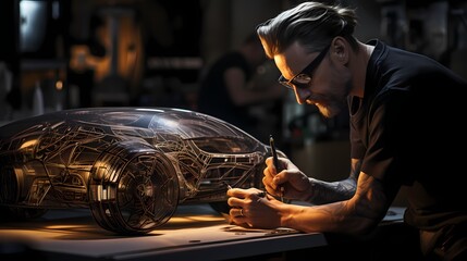 An artist sketching a concept car design on a whiteboard, exploring innovative shapes and...