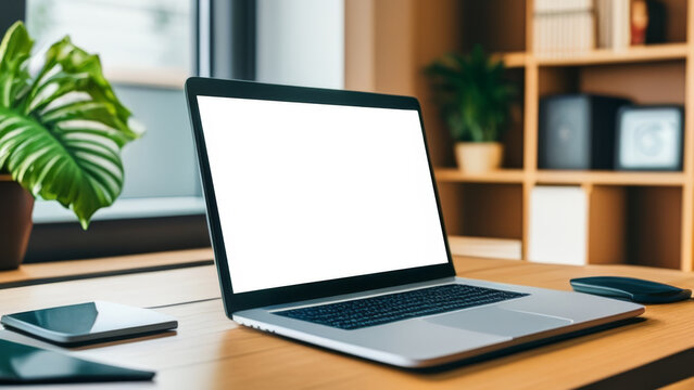 Mockup image of laptop with blank white screen on wooden desktop in modern office