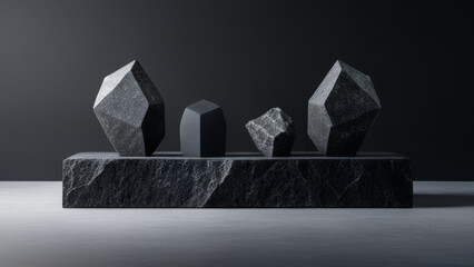 Black stone pedestal with abstract geometric shapes. 3d render illustration