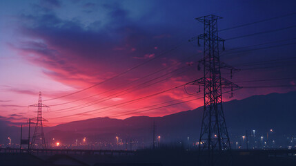 High-voltage electricity tower in a sky sunset landscape. - obrazy, fototapety, plakaty
