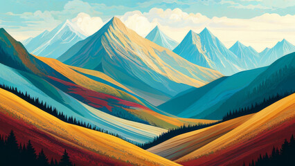 Mountain landscape with colorful forest and high peaks. Vector illustration.