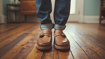 Hipster man wearing fashion shoes, tassel loafer. - obrazy, fototapety, plakaty