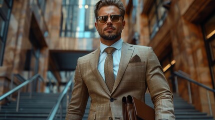 An attractive young businessman walking down the stairs while watching his watch in a business district. He expresses determination, confidence, lifestyle, rush hour, etc.