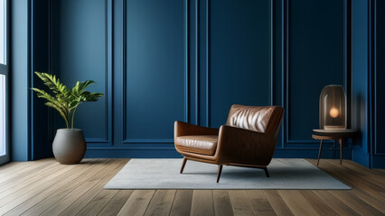 Interior of modern living room with blue walls, wooden floor and brown armchair. 3d rendering