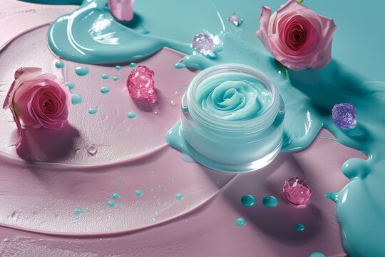 Facial sofa skin care cream. Skincare treatment products: velvet body lotion, skincare oenothera biennis oil gel, oil, pipette with welness serum and vitamin c serum jar pot
