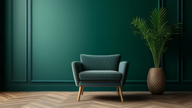 Green living room interior with armchair and plant - 3d rendering