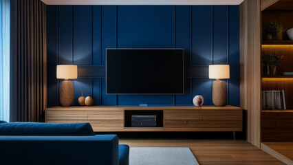 TV on the wall in modern living room. 3d rendering.
