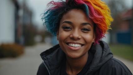 Happy and laughing young black EMO girl with bright hair - obrazy, fototapety, plakaty