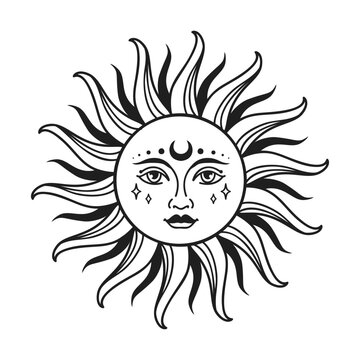 Sun vector illustration, hand drawn celestial boho line art logo, icons and symbol mystic moon tattoo elements for decoration.