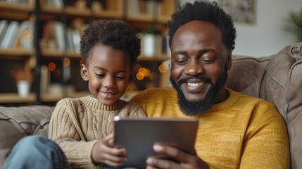 African American father and son using tablet in living room while sitting on sofa - obrazy, fototapety, plakaty