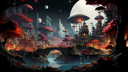An artistic composition featuring a digital painting of a surreal landscape, with floating islands and fantastical creatures, evoking a sense of imagination and wonder. - obrazy, fototapety, plakaty