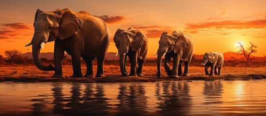 African Elephants at sunset in Chobe National Park, Botswana, Africa