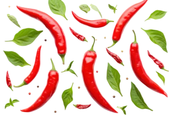 Papier Peint photo Lavable Piments forts Top view. Collection of fresh chili peppers with leaves. Fresh spicy red chili peppers isolated on transparent background.