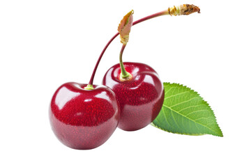 Cherry fruit. Fresh cherries with stem and leaves isolated on transparent background.