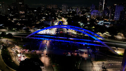Suspension Bridge At Osasco In Sao Paulo Brazil. Downtown Bridge. Traffic Road. Sao Paulo Brazil....