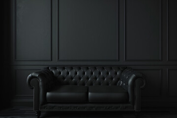 black empty dark room interior with black sofa