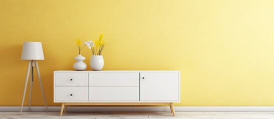 A room featuring a vibrant yellow wall and a sleek white dresser. The contrast between the yellow and white elements creates a modern and visually appealing space.