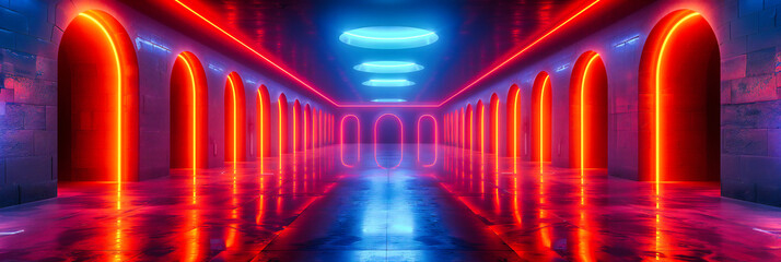 Futuristic Neon Light Tunnel, Abstract Blue and Pink Glowing Corridor, Modern Design