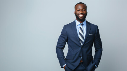 smiling bearded man in a professional setting, wearing a well-tailored blue suit with a white shirt and blue striped tie - obrazy, fototapety, plakaty