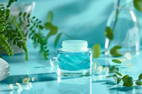 Facial beauty skin care cream. Skincare treatment products: pityriasis rosea lotion, skincare care gel, oil, pipette with pro vitamin b5 serum and colon hydrotherapy jar pot