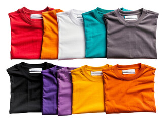blank colorful t-shirts arranged neatly on transparent background