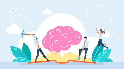 Students work hard to acquire knowledge. Concept of knowledge, brainstorming, reading. Learning process, brain process, creativity, innovation, learn to think. Vector illustration