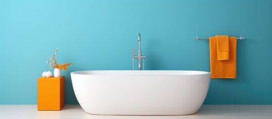 A modern white bathtub with a tap is positioned next to a vibrant blue wall. The sleek design of the bathtub contrasts beautifully with the bold color of the wall, creating a striking visual contrast.