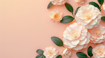Photorealistic camellia flowers with green leaves on a soft pastel background, copy space on the left