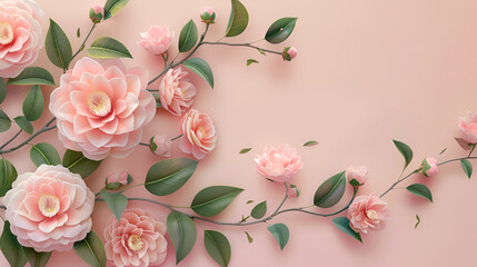 Flat illustration, photorealistic camellia flowers with green leaves on a soft pastel background, copy space on the right