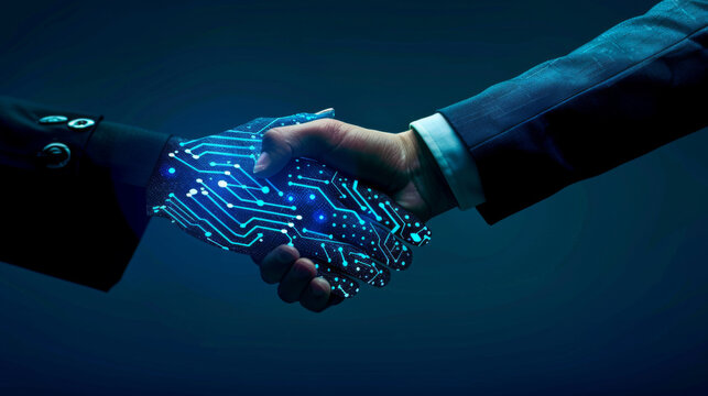 A handshake is overlaid with a glowing digital circuit pattern, symbolizing a merger of human interaction and advanced technology.