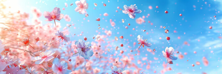 pink blossoms falling from the  sky  on blue sky background,	pink cherry blossoms wallpaper banner, empty space background
