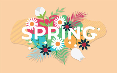 Vector drawing of spring flowers. Horizontal banner poster flyer card template. Spring composition. Vector file design elements.