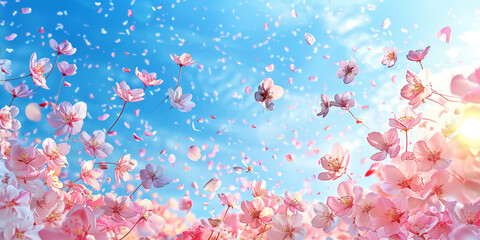 pink blossoms falling from the  sky  on blue sky background,	pink cherry blossoms wallpaper banner, empty space background
 - obrazy, fototapety, plakaty