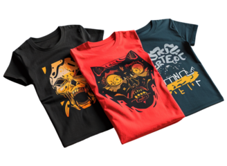 trendy t-shirt mockups featuring popular graphic elements on transparent background
