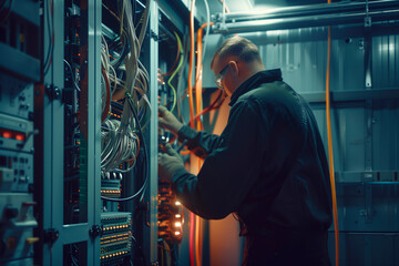A service engineer installs an Internet network in a server room. Close-up